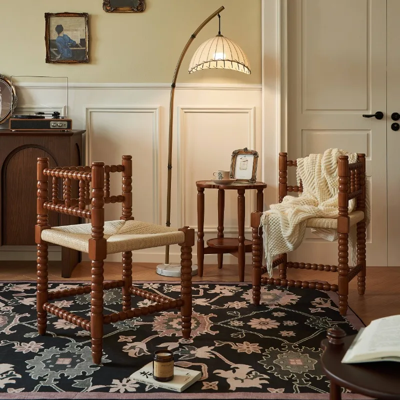 Bedroom Hot Sale French Retro Rubber Wooden Chair Kraft Paper Rope Garden Chair Living Room Leisure Chair