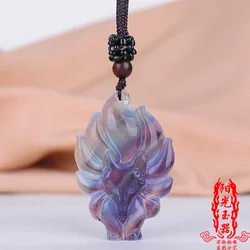 Natural Colour Jade crystal Nine Tailed Fox Pendant Necklace Jewellery Fashion Accessories Hand-Carved Luck Amulet Sweater Chain