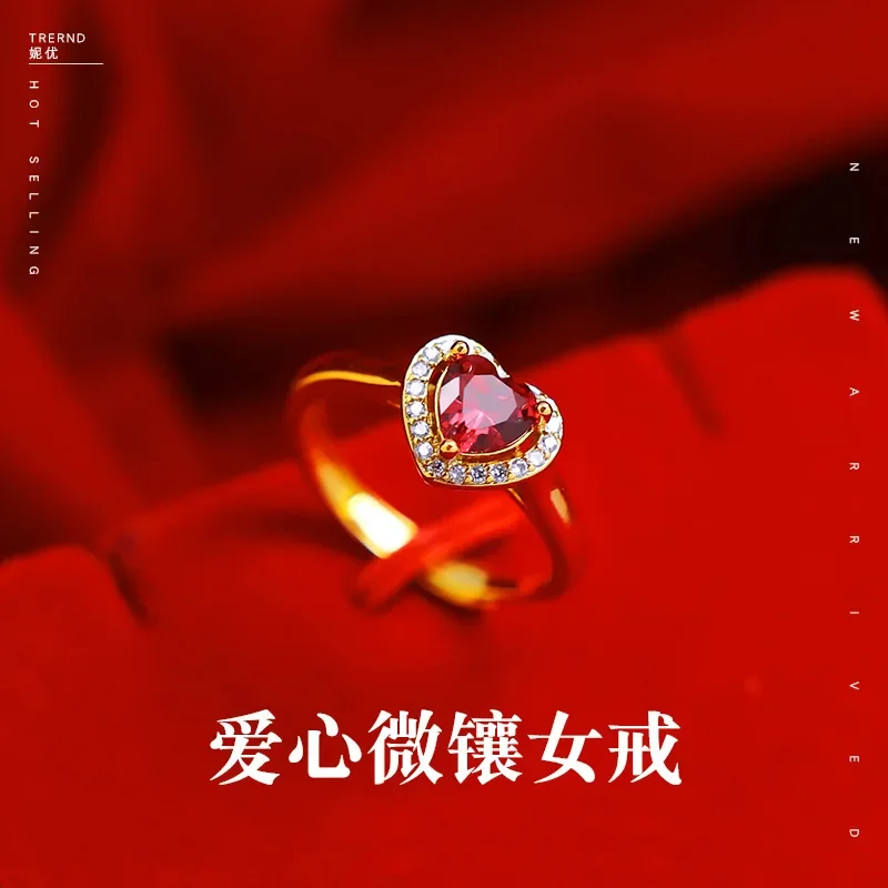 

9999 Real Gold 24K Japanese and Korean Fashion Women's Micro Ruby Love Ring, Gem Ring