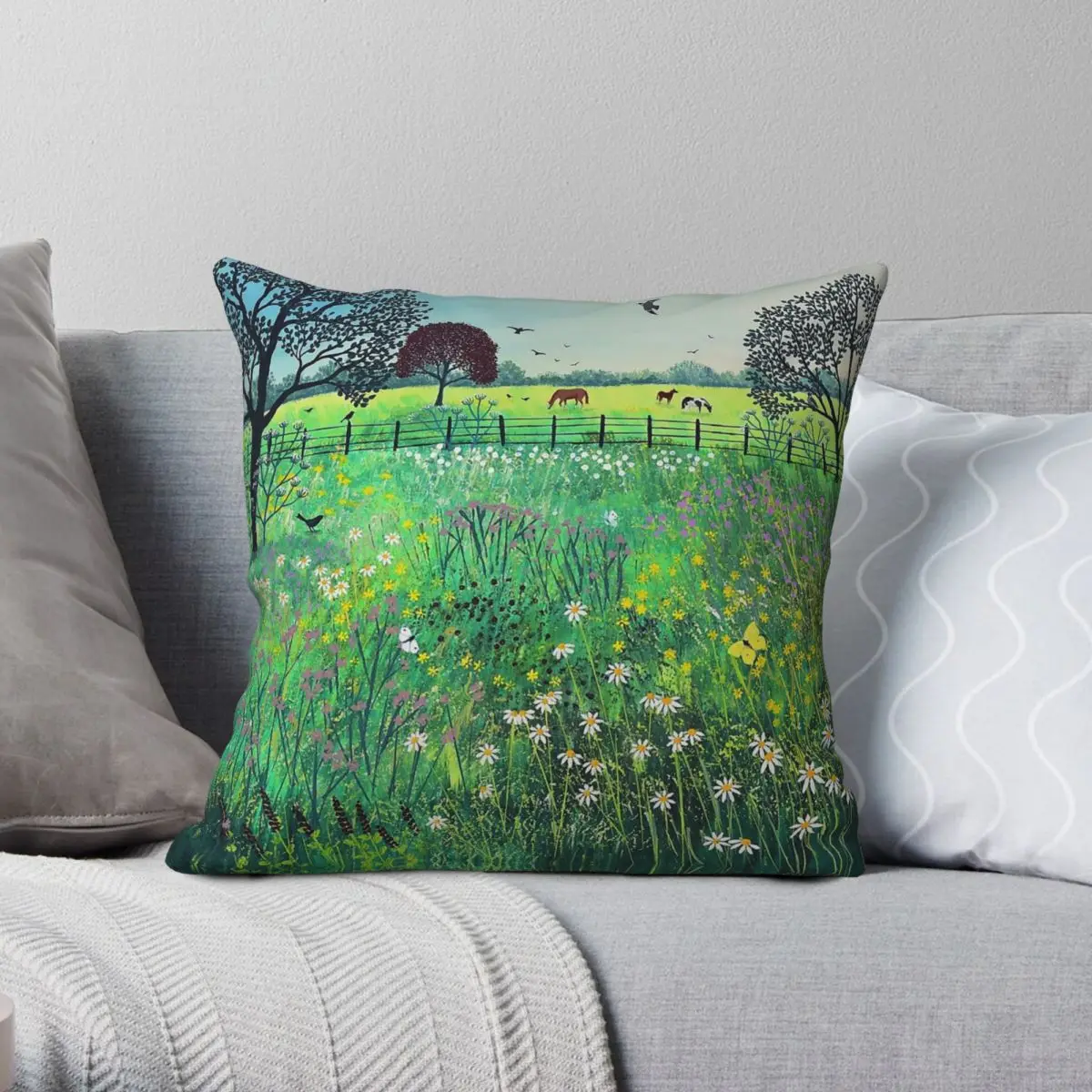 Summer Grazing Horse Square Pillowcase Polyester Linen Velvet Pattern Zip Decor Home Cushion Cover