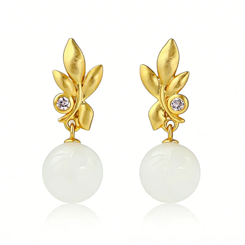 

Delicate Willow Leaf-shaped 18K Gold-Plated Earring Inlaid Natural Hetian Jade Bead 925 Sterling Silver Earring Jewelry Gift