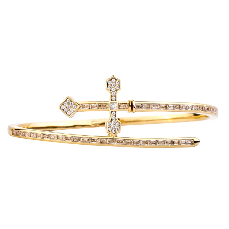 Hip Hop 3A+ Cubic Zirconia Paved Bling Iced Out Cross Holy Sword Shape Open Cuff Bangle Bracelets for Men Rapper Jewelry Gift