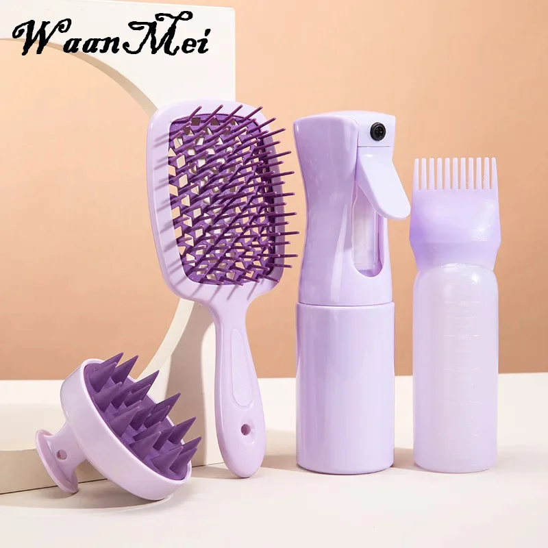 4pcs/set Hairdressing Comb Set with Spray Bottle Hair Washing Brush for Scalp Women's Hollow Out Massage Comb Hair Styling Tools