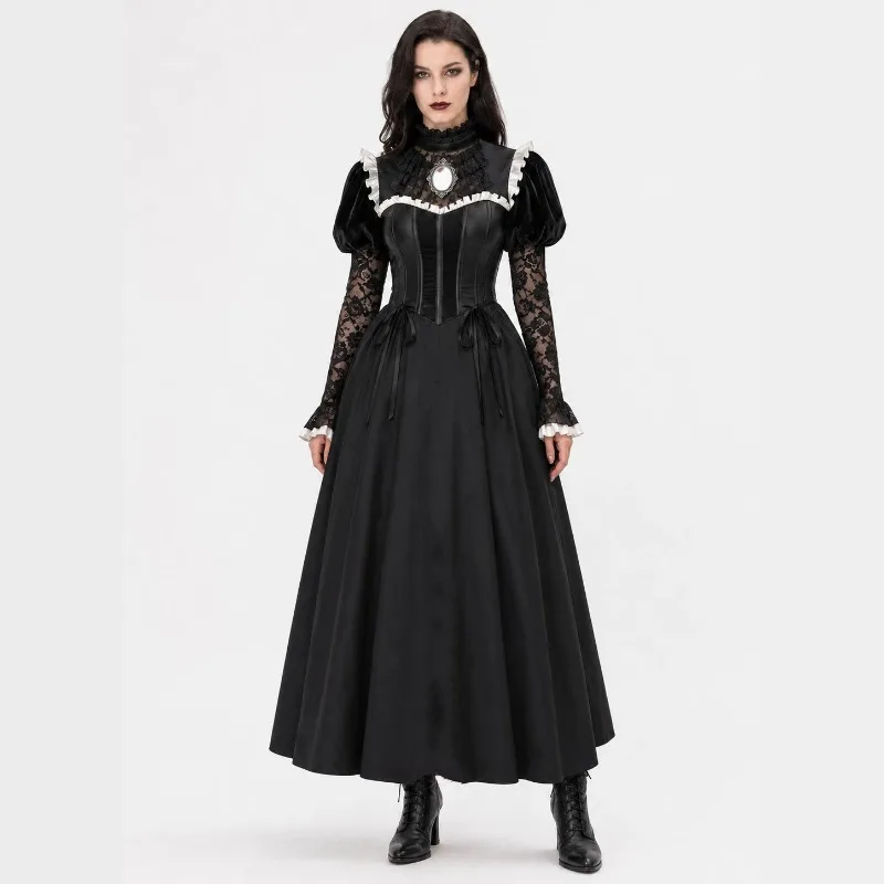 Vestido Largo Gótico Victoriano para Mujer, Disfraz de Vampiro Medieval, Vestido de Princesa con Mangas Abullonadas de Encaje Oscuro para Halloween
