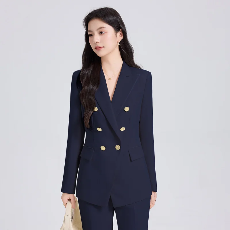 2025New double-breasted women's suit set for spring and autumn, elegant professional attire, slim-fit formal blazer