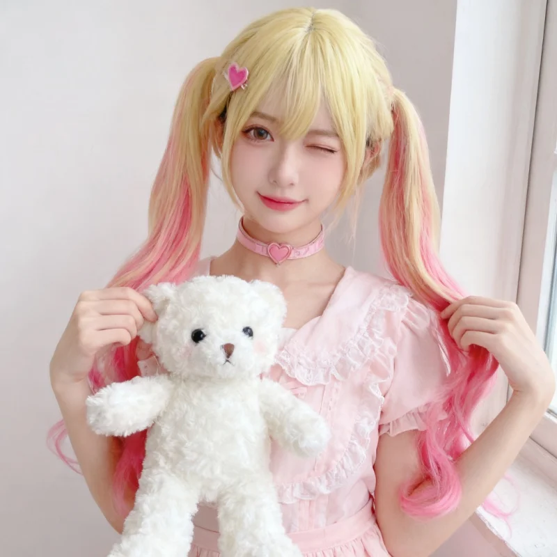 Cute Lolita Girl Wig Golden Gradient Pink Long Curly Hair with Air Bangs Anime Cosplay Wigs Headgear for Women