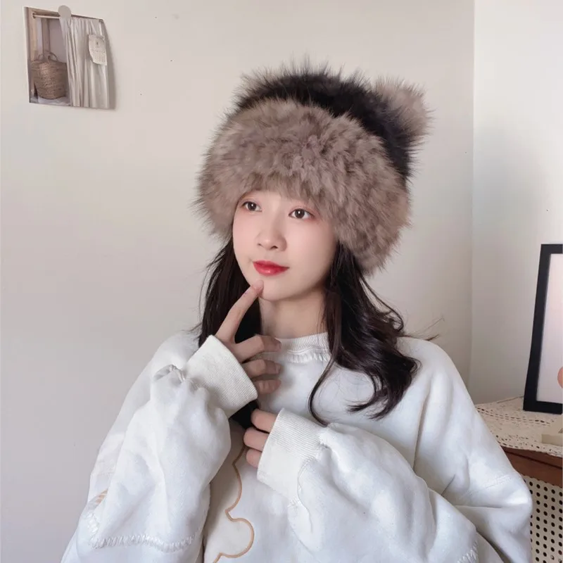 Real fur light luxury ear women warm thick hair cute little hat