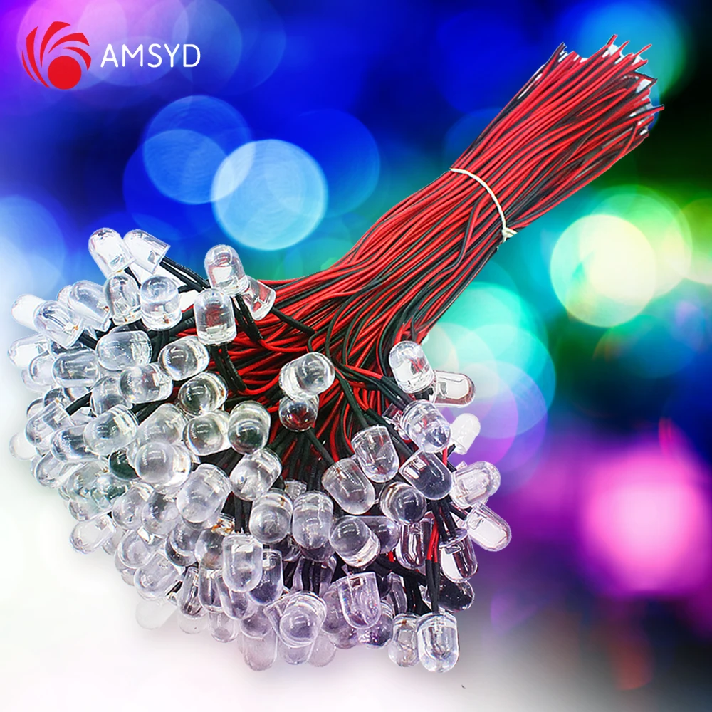 50PCS DC6-12V 10mm Red/Green/Blue/Pink RGB Fast Slow white Yellow Round Pre-Wired Water Clear Decoration LED