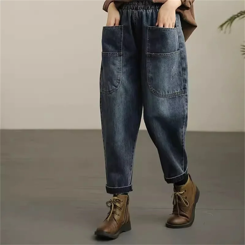 جينز فضفاض الدينيم بانت ضيق سراويلي حريمي 2025 الصيف الإناث موضة جيب كبير BF مرونة عالية الخصر الكاحل الجينز الاتجاه الأسود B9 #5