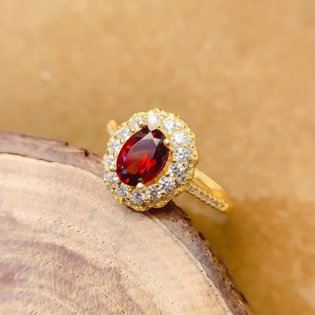 

sterling silver jewelry natural garnet ring 5mm*7mm 0.7ct wine red garnet 925 silver ring for daily wear