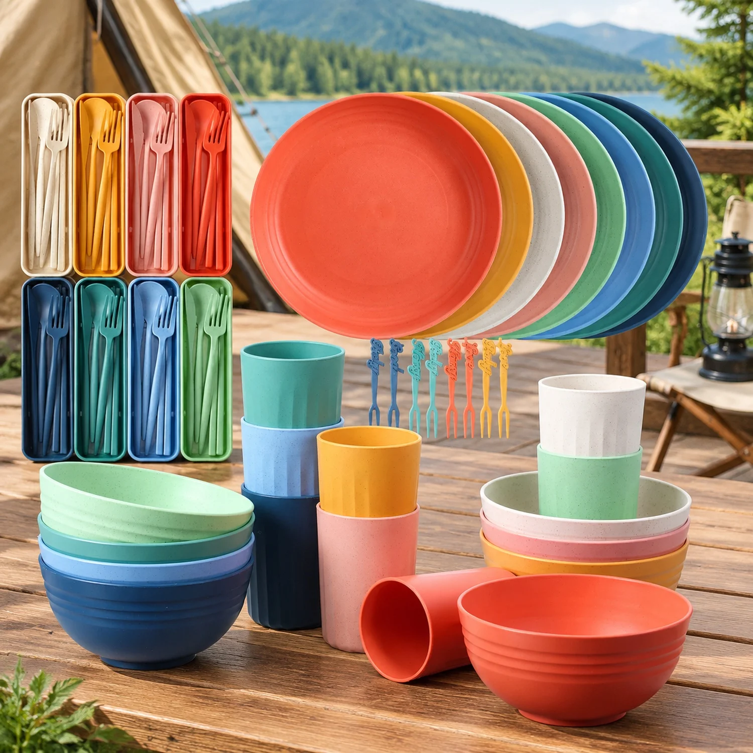 56 Pieces Wheat Straw Dinnerware Set Unbreakable Plastic Plate and Bowl Dishes for Kids Travel Picnic Camping Colorful Dinner