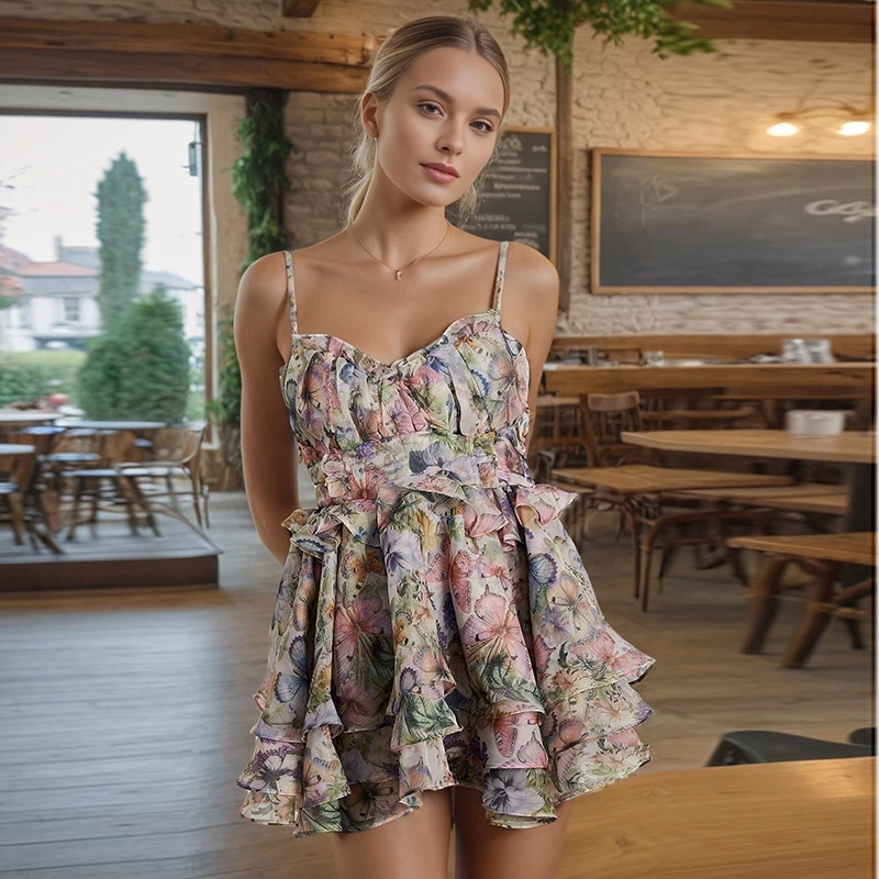 Vestido feminino chique com babados em camadas, estampa floral, sem mangas, renda, cintura alta, linha a, férias, verão, vestidos de festa femininos
