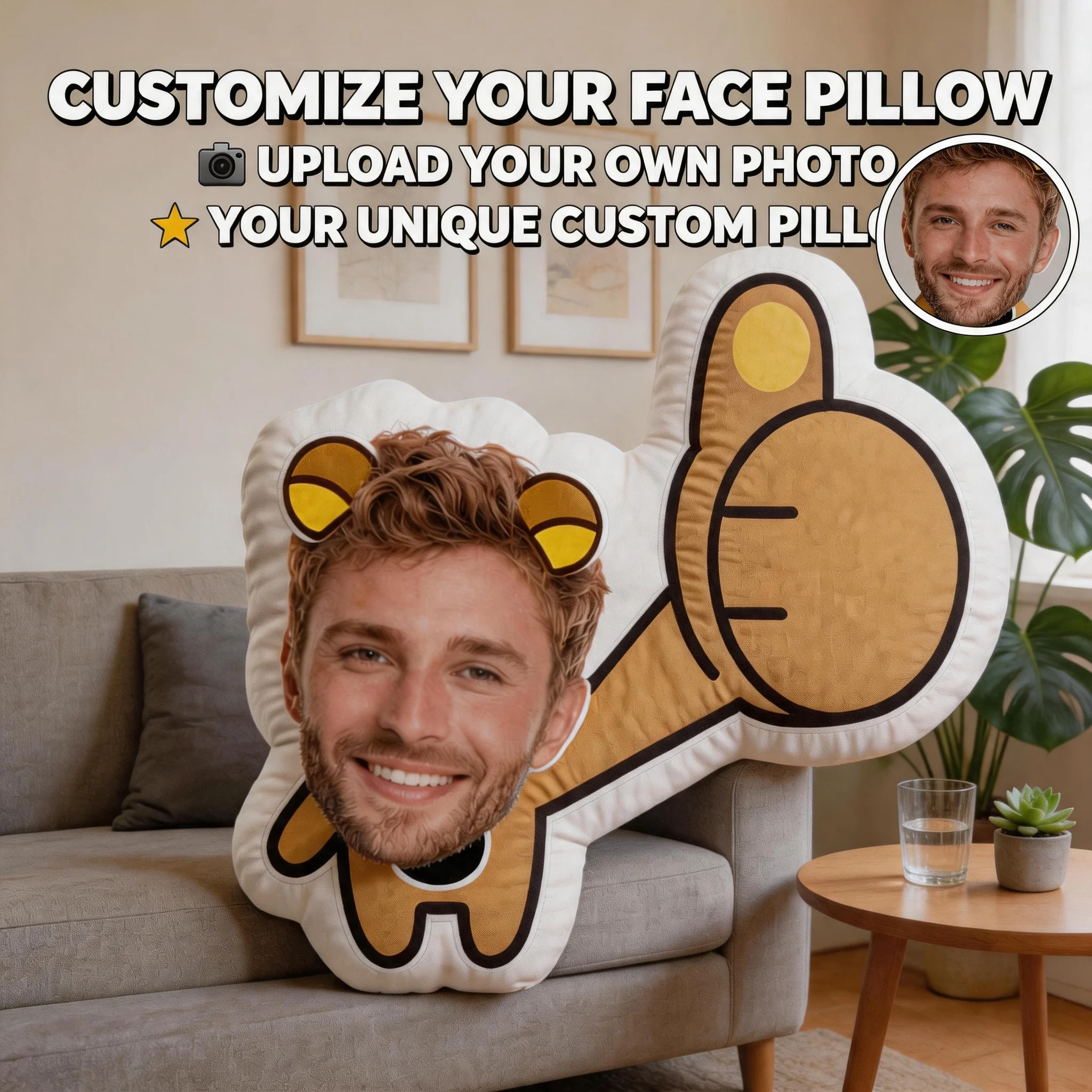 Custom Face Thumbs Up Shaped Pillow, Personalized Photo Decorative Cushion, 60CM Large Size Accent Pillow for Sofa Unique Gift