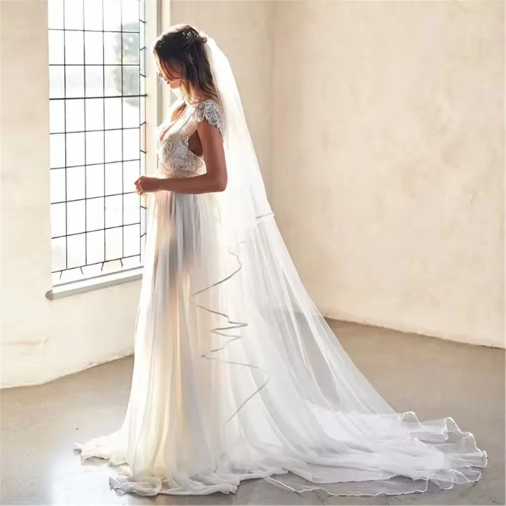 

Свадебная фата с лентой по краю, 2-уровневая женская свадебная фата в соборе, мягкая итальянская фата из тюля, косплей, фото, свадебные аксессуары