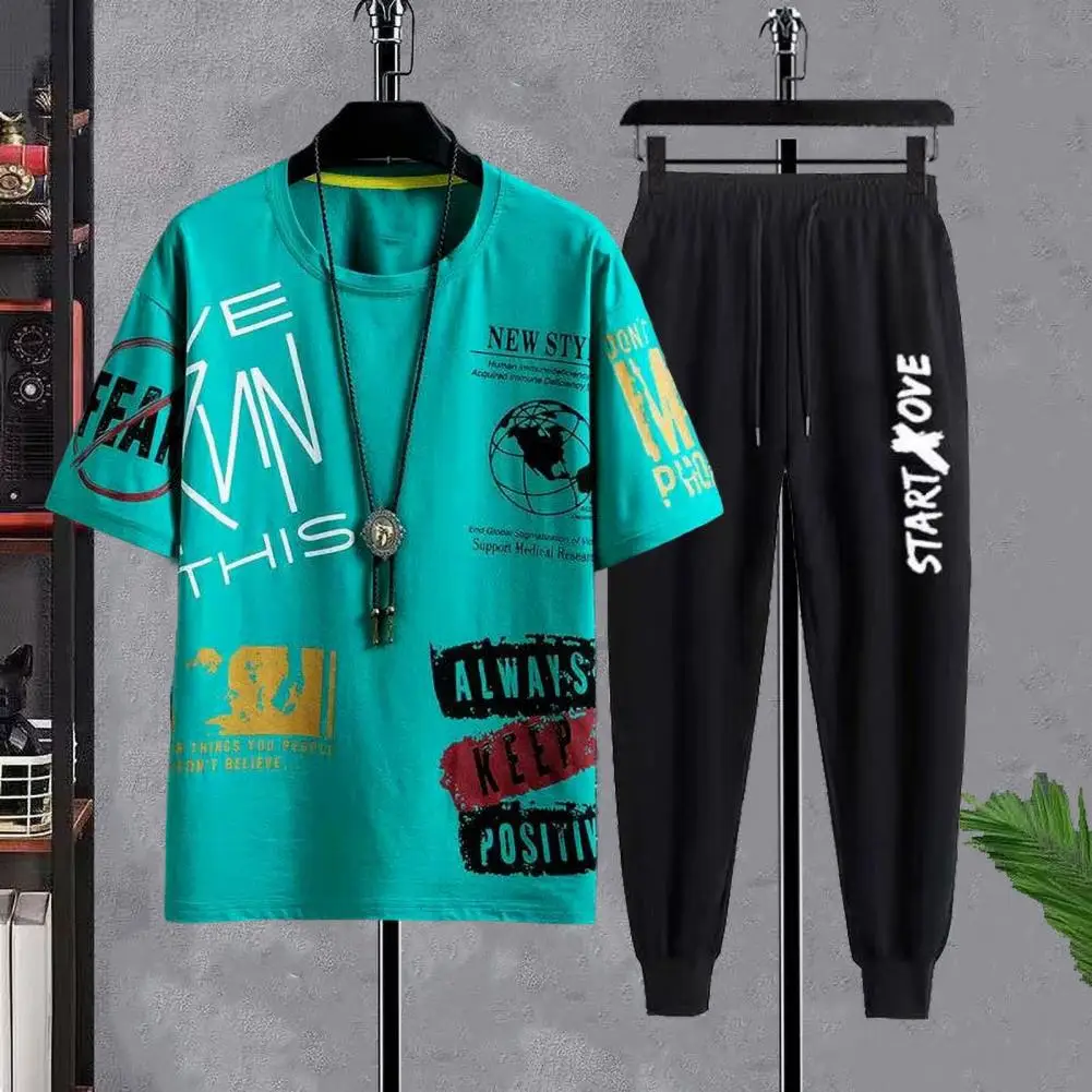 Men Sportswear Set Men's Sportswear Set Round Neck T-shirt Elastic Waist Shorts Sweatpants Stylish Tracksuit with Unique Print