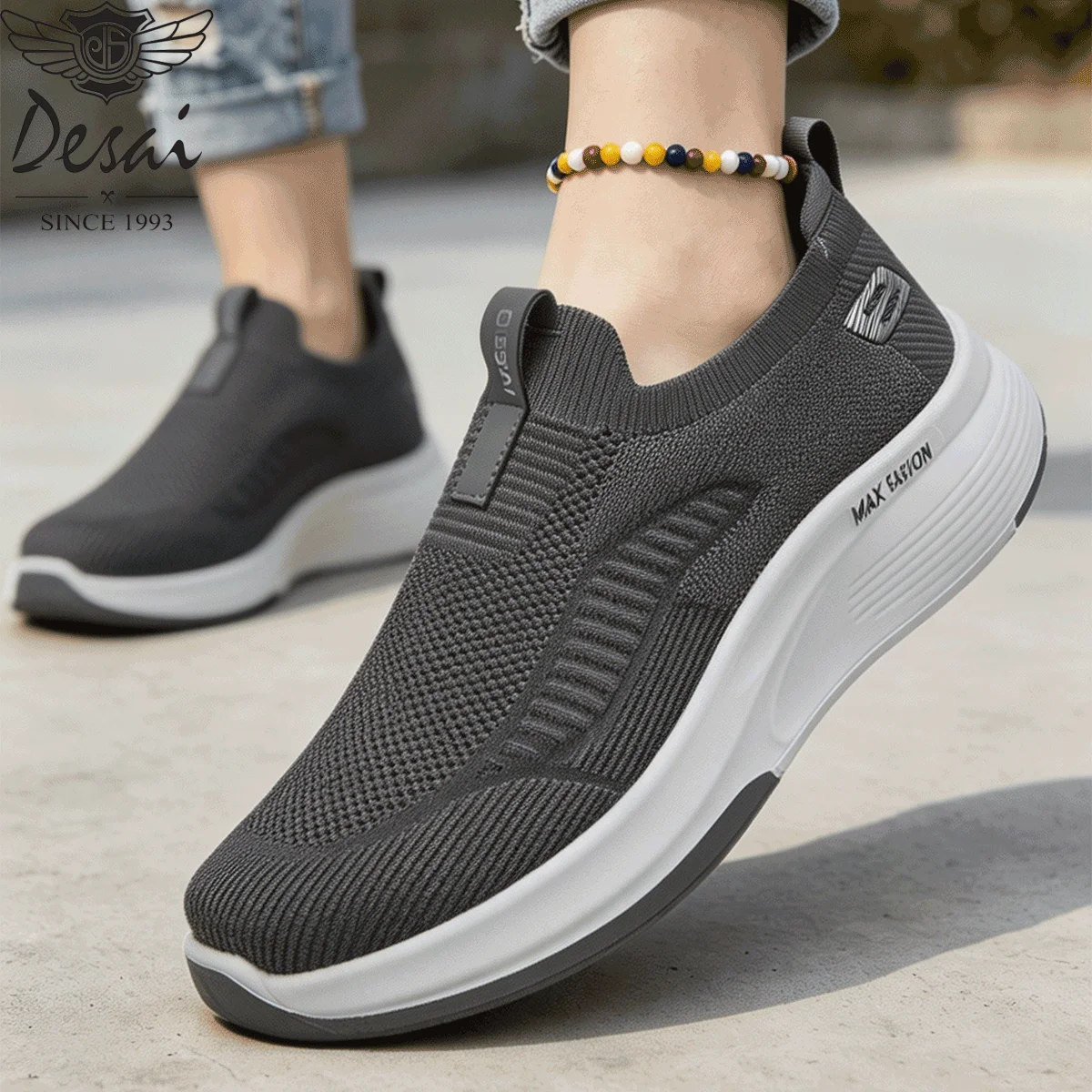 Desai Men's Wide Width Knit Slip-on Sneakers Max Cushion Walking Shoes Lightweight Breathable