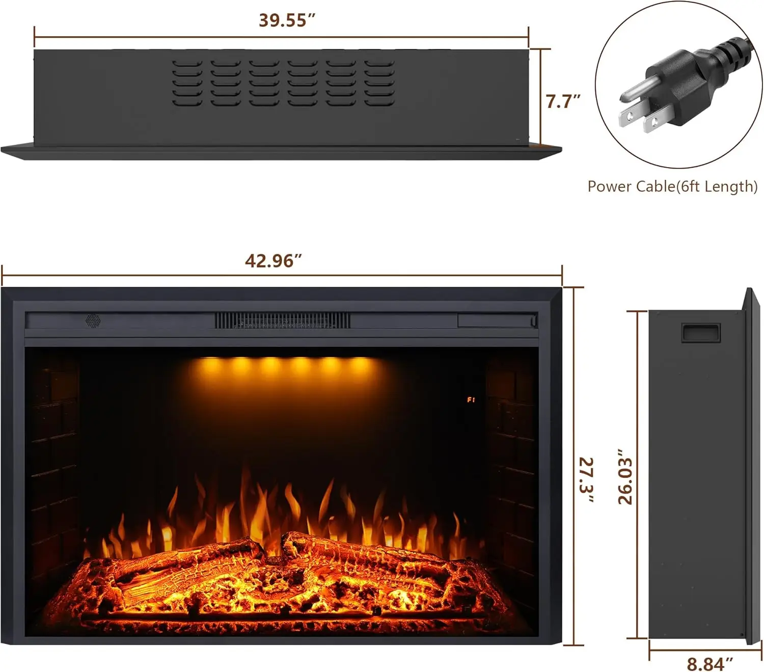 43 Inches Electric Fireplace Heater Insert with Overheating Protection, Fire Crackling Sound, Remote Control, Thermostat, 750/15