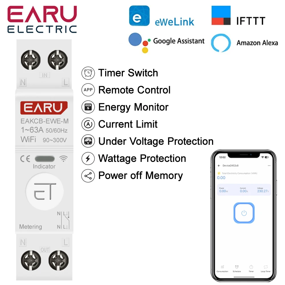 eWelink WiFi Smart Circuit Breaker 1P+N 63A MCB Timer Relay Switch Energy Metering Kwh Voltage Current Protector Remote Control