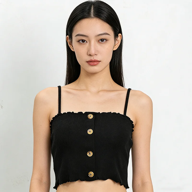 Sommer frauen Baumwolle Strappy Top Einfarbig Ärmel Bodycon Sexy Bauchnabel Mit Knöpfen Stricken Tops Koreanische Harajuku Dame Bh