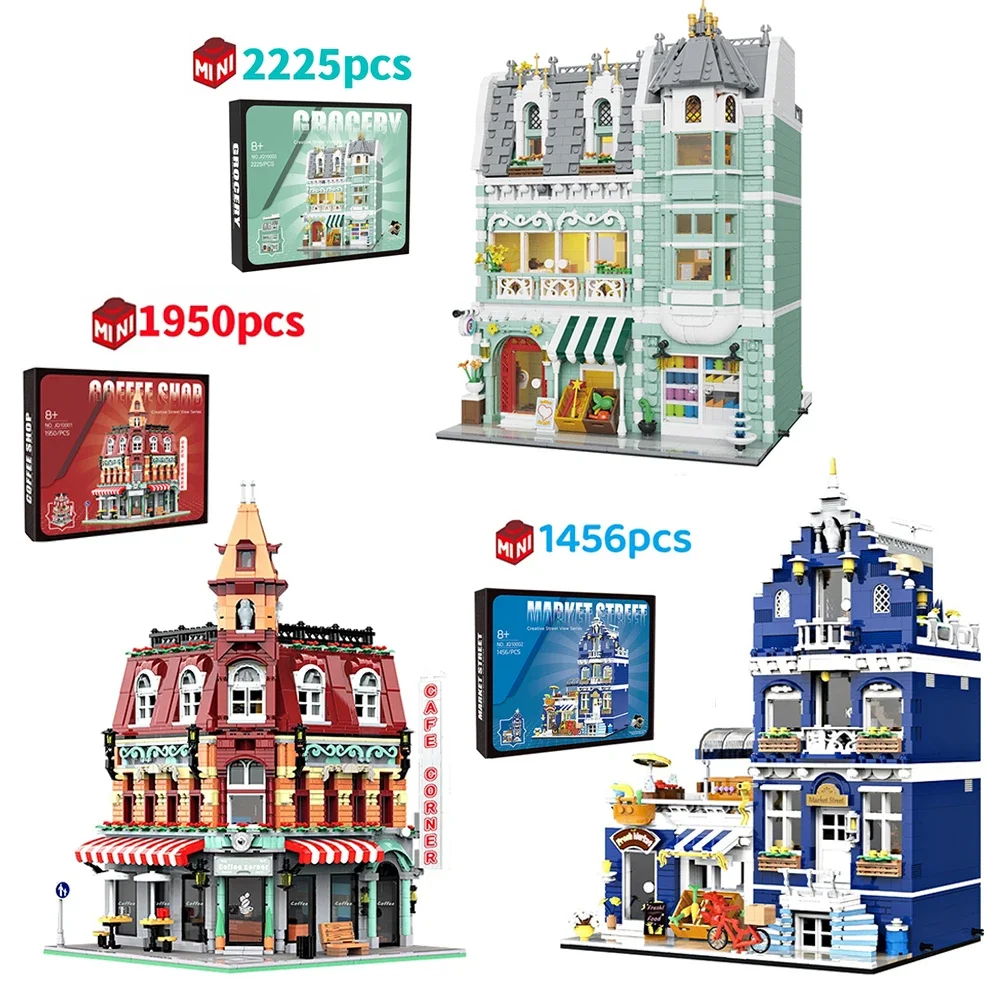FUNXINEE Micro Building Blocks European Street Cafe 3 In 1 Convenience Store Model Creative Architecture MOC Gift Exquisite Box