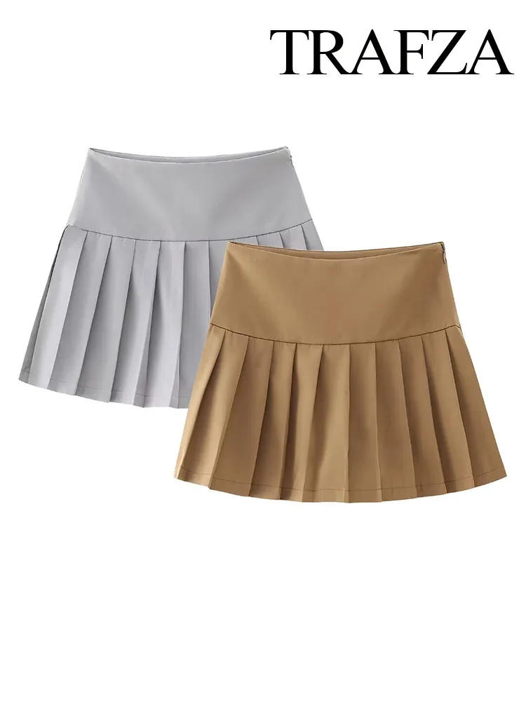 

TRAFZA Women Summer Chic Wide Pleated Decoration Mini Culottes Woman Elegant High Waist Side Zip Casual Street Style Skirt Pant