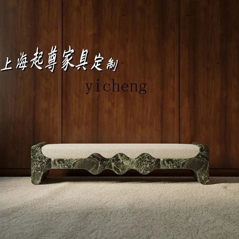 Light Luxury Marble Fabric Solid Wood Sofa Stool Nordic Model Room Porch Decorative BenchD18