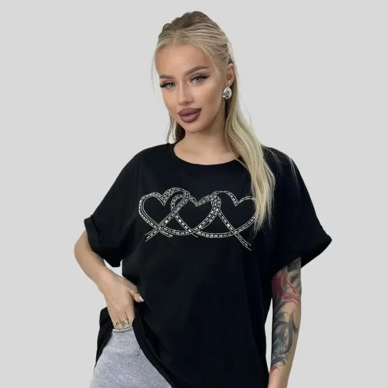 

Heart Shaped Hot Stamping Diamond Oversized T Shirts Women Clothing American Fashion Short Sleeve White Black Tshirts Summer New