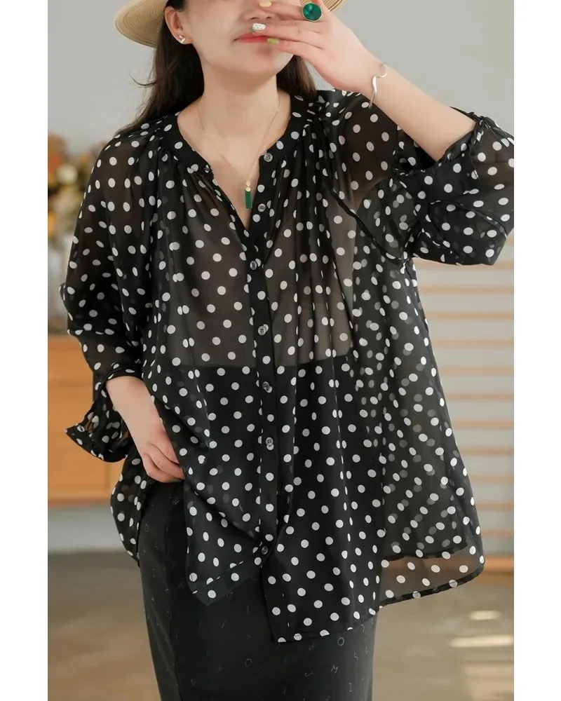 Jiangnan Misty Rain Early Summer New Product Chiffon Polka Dot Shirt Women\'s Long sleeved Top Comfortable Women\'s Original Stock