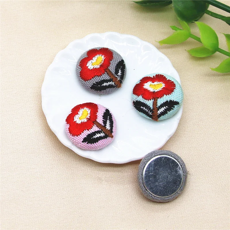 10pcs embroidery camellia flower Flatback Fabric Covered round Buttons Home Garden Crafts Cabochon Scrapbooking DIY craft 17mm