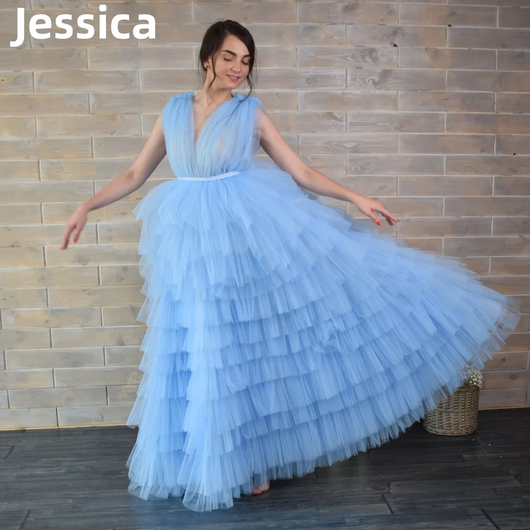 

Jessica Light Blue Prom Dress Tulle Layering Evening Dresses Elegant Ladies V-neck Prom Dresses Party Dresses 2024Wedding Dress