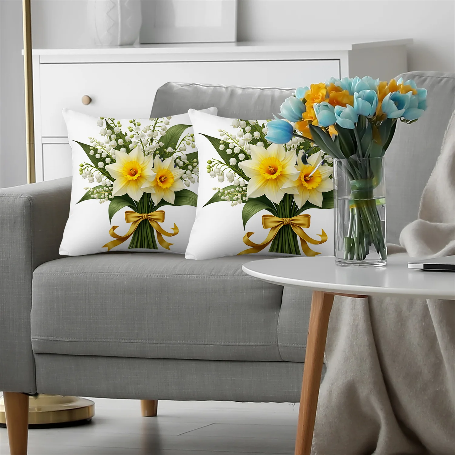1PC Throw Pillow Cover,Lily Of The Valley Daffodil Bouquet Print,Floral Elegant Style,For Sofa Bedroom Couch Home Decor