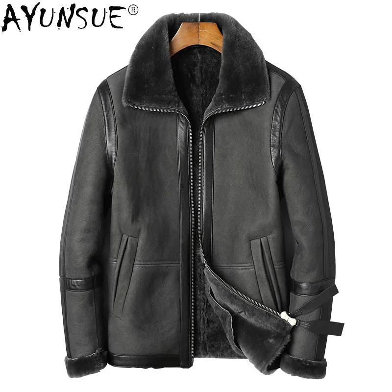 

AYUNSUE Winter Natural Sheepskin Leather Jackets Men Real Wool Collar Black Parka with Fur Men's Clothing Jaqueta Masculina Gmm7