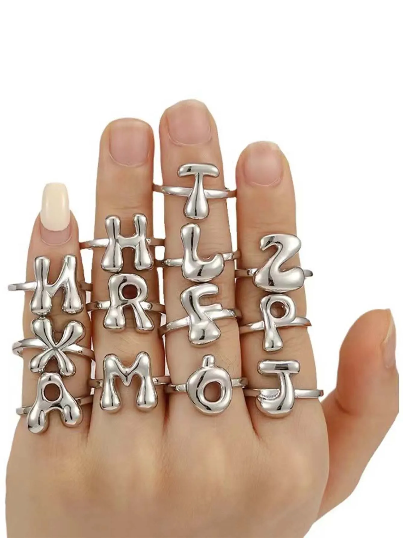 Fashion Chubby Balloon Font Initials Letter Silver Color  Smooth Surface Double Layer Alphabet Aesthetic Adjustable Ring Jewelry