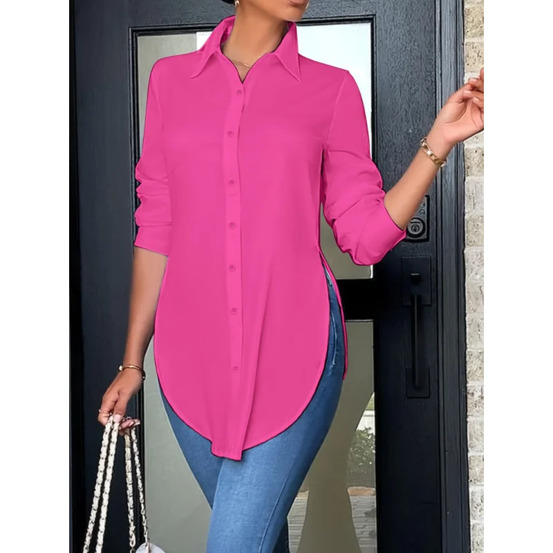 Women'S Elegant Long Sleeve Button-Front Blouse - Non-See-Through Shirt with Side Slit, All-Season Office