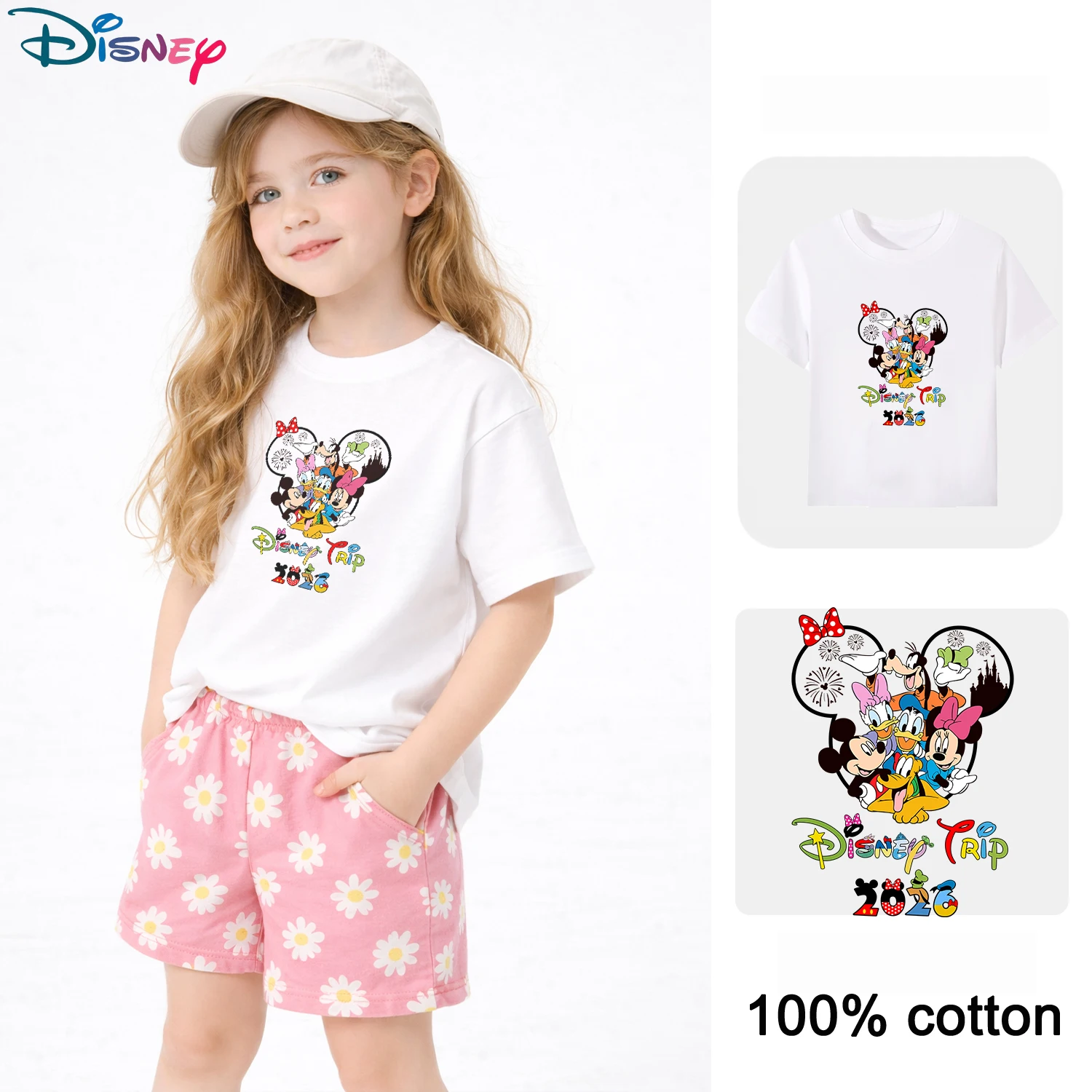 

Детская футболка Disney 2026 Family Trip, комплект одежды для посещения парка, одинаковые семейные рубашки, 100% хлопок, с круглым вырезом, черный, белый цвета