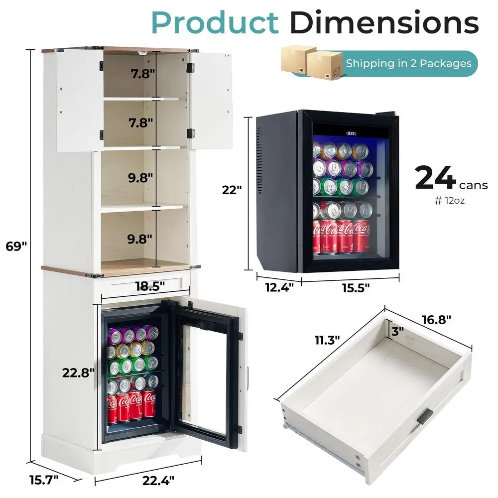 

Кухонный шкаф с холодильником, винный шкаф в стиле фермерского дома 69 дюймов с выдвижными ящиками и регулируемыми полками, кофейный барный шкаф для дома