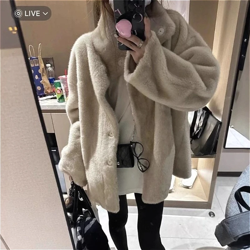 Women Faux Fur Mid Length Coats Jackets Stand Collar Coat Thick Warm Y2k Streetwear Jacket Elegant Work Outerwear Autumn Winter