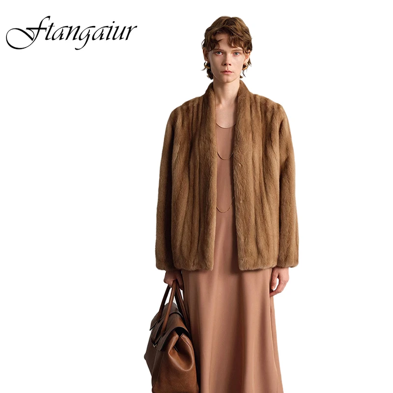 Ftangaiur New Winter Import Velvet Mink Fur Coat V-Neck Solid Loose Mink Coat Women Medium Natural Real Mink Fur Coats