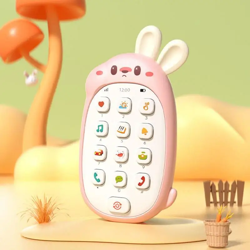 Teléfono de juego con forma de conejito para niños, lindo juguete de teléfono con oreja masticable, alimentado por batería, educativo, bilingüe,