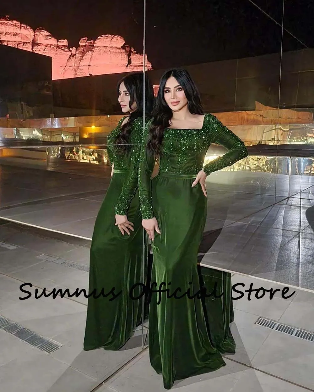 Sumnus verde sereia vestidos de noite lantejoulas veludo manga longa quadrado pescoço árabe dubai formal até o chão