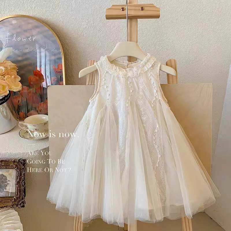 Girls Sleeveless Princess Dress Kids Lace  Mesh Patchwork Dress Children's Fashion Dress Baby Round Neck Tulle Skirt 2-8 Years