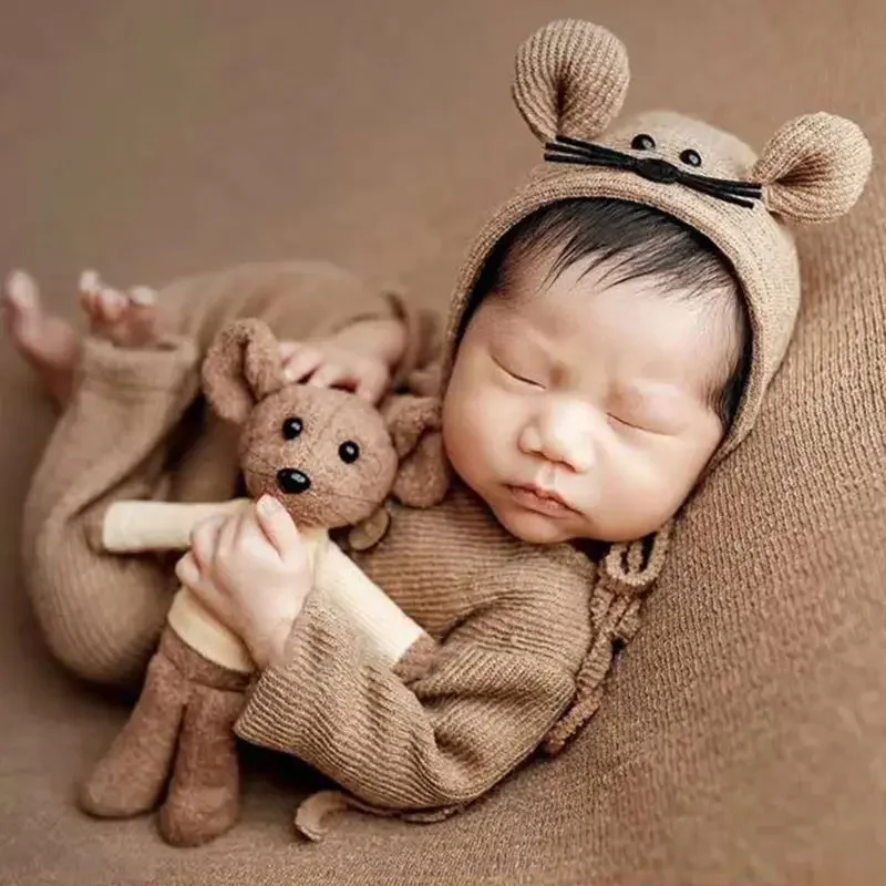 

Baby Romper Hat Mouse for Doll Knitted Jumpsuit Turban Beanie Bonnet Crochet Costume Newborn Photography Outfits