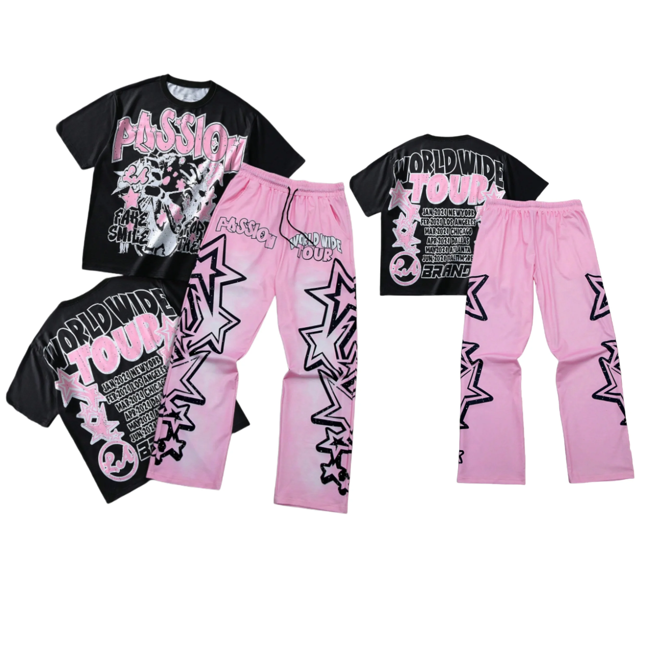 

25/26 Hot Spring and Autumn Short Sleeve Set American Y2K Hip Hop Street Fashion Men's 3D Adult Short Sleeve Wide Leg Pants
