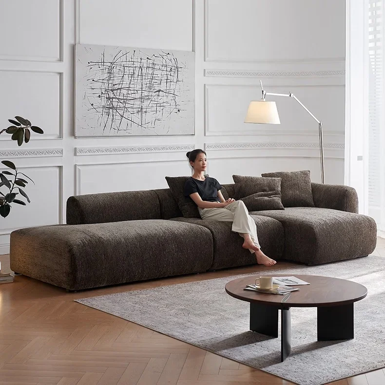 French retro chocolate chenille modular three-seater living room sofa set L-shaped apartment villa casual floor corner sofa