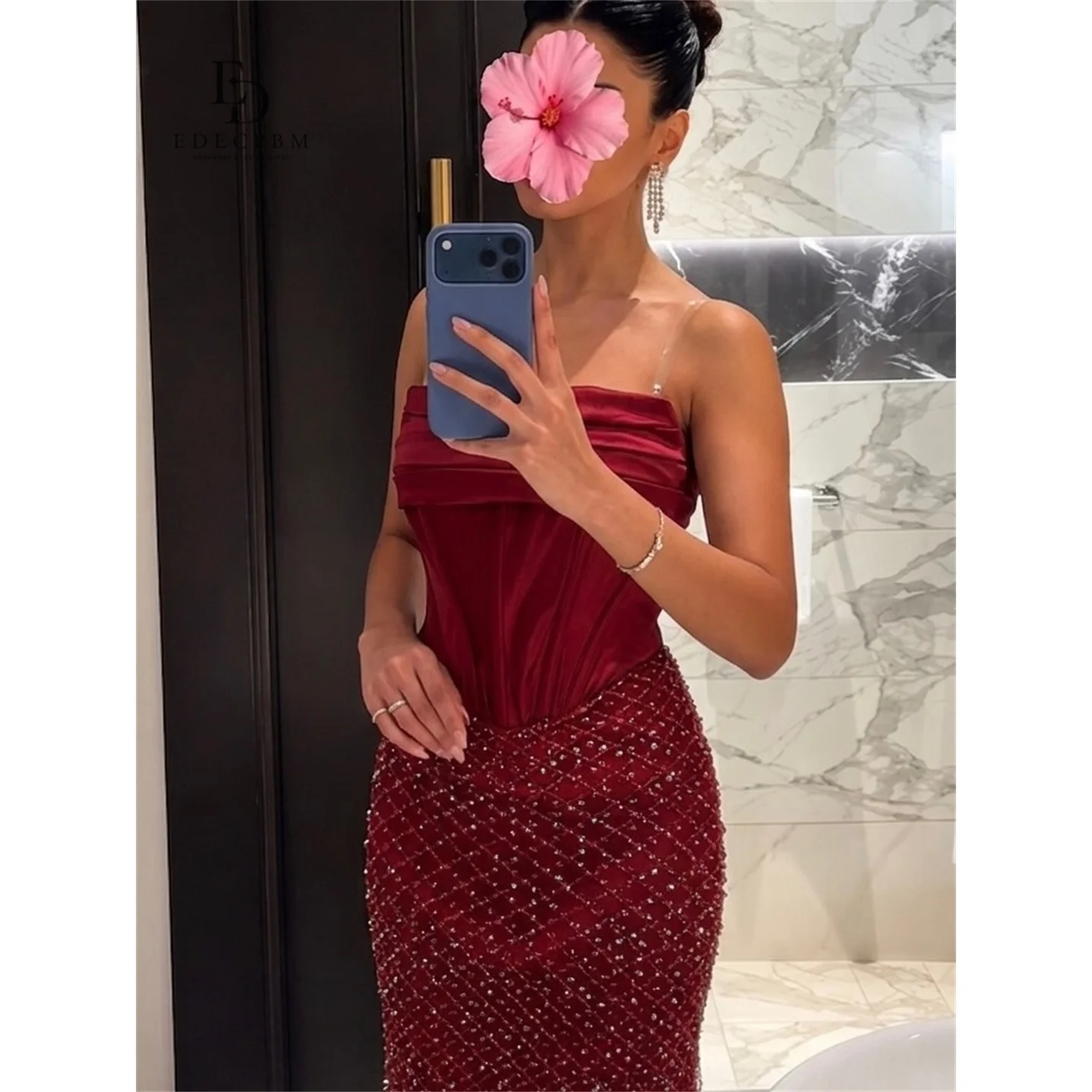 ED Sequin Strapless Burgundy Mermaid Evening Dress 2026 Prom Dress Crystal Grid Pattern Skirt Customized Robes de Soirée