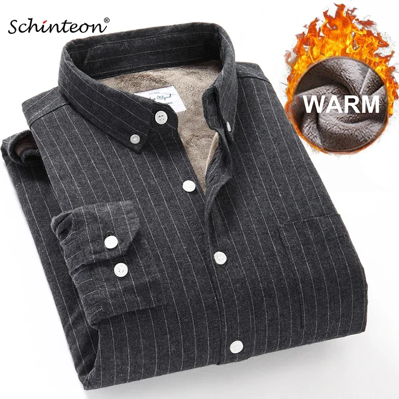 Schinteon Men Winter Warm Shirt Sanding Cotton Fleece Lining Flannel Bottoming Striped Thick Shirt S-4XL Top Quality 2025 New