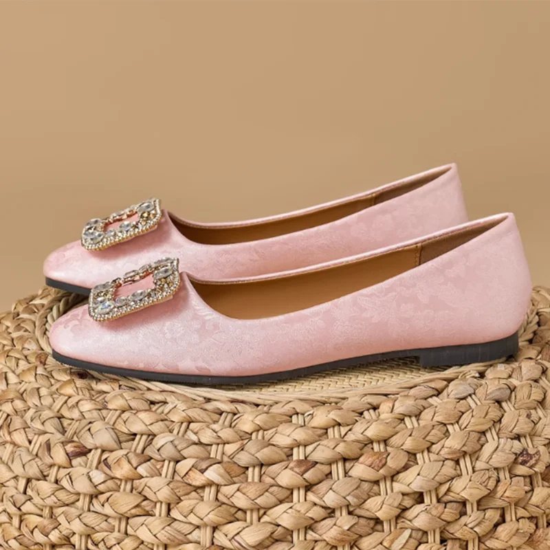 Women New Arrivals Printed Flowers Flats Designer Luxury Diamond Buckle Slip-On Green Pinkish Gold Shoes Square Toe 33 498 47 46