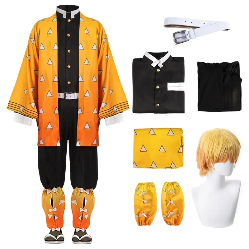 Disfraz de Anime Agatsuma Zenitsu para niños y adultos, uniforme de Cosplay, capa, peluca, No Yaiba Kimetsu, ropa de Halloween