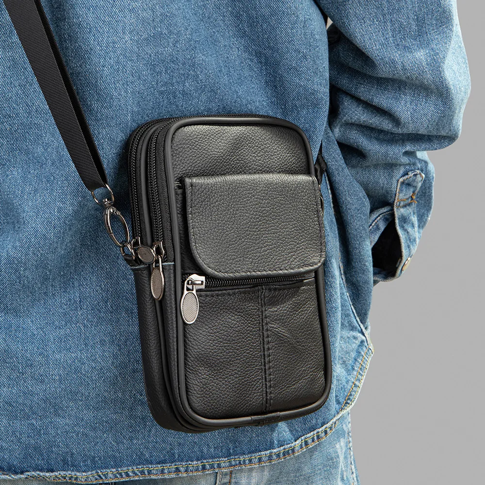 Leather men\'s crossbody bag casual mini shoulder bag vertical cowhide small bagpack mobile phone pouch waist bagon belt for man