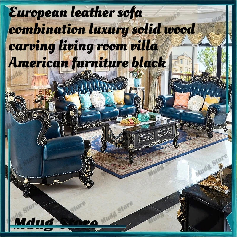 

European American Luxury 3 Piece Sofa Set Premium Top Grain Leather Solid Wood Carved Living Room Villa Furniture Black